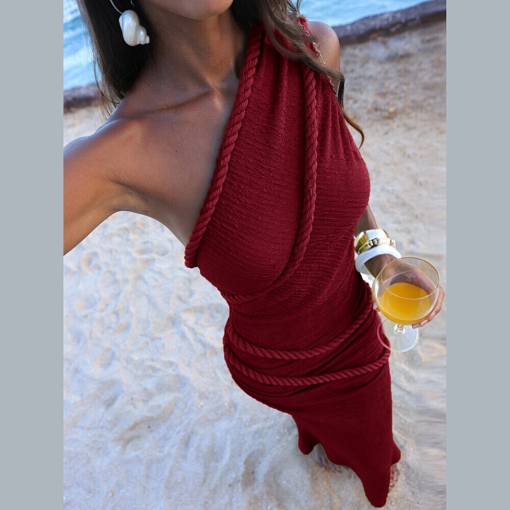Burgundy Knit One Shoulder Twisted Rope Trim Ruched Mermaid Maxi Dress
